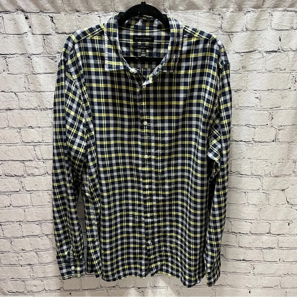 BANANA REPUBLIC Mens Untucked Slim Fit Navy Plaid Long Sleeve Shirt XXL Tall